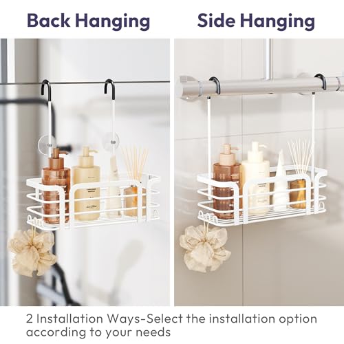 SWTYMIKI Shower Caddy Hanging Organizer - Over the Door Shower Caddy with 6 Hooks, 2 Installation Ways, Stainless Steel Rustproof Bathroom Organizer, White - color: White-1 tier
