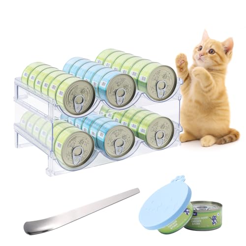 Cat Can Storage Organizer for Pantry, High Clear Acrylic Dog Canned Food Storage Rack 2 Tier Stackable Shelf for Pet Cans Dispenser with Can Cover Lid and Spoon