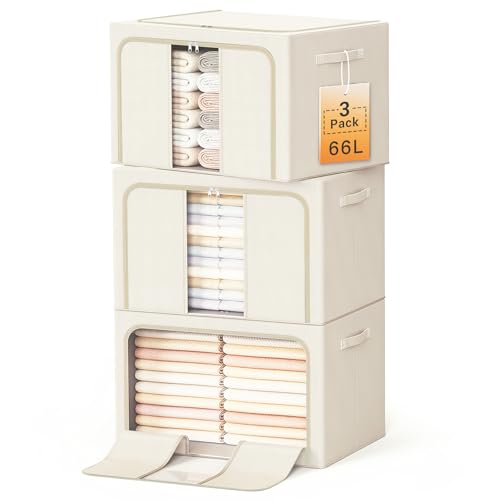 Clothes Storage Bins with Metal Frame, Foldable Clothes Organizers Storage Containers for Clothes, Sheets, Blankets, Pillows and Towels (66L, 3 Pack) Beige - color: Beige, size: 66L（19.7“X15.7"X13"）