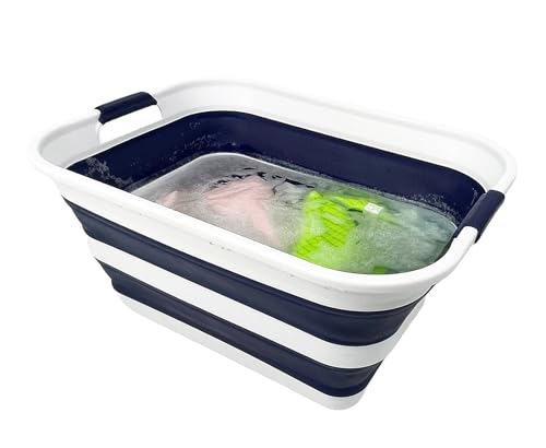 SAMMART Collapsible Plastic Laundry Basket with Handle/Foldable Pop Up Storage Hamper/Portable Laundry Organizer-Space Saving Washing Tub/Household Storage (White/Starry Blue, 42L) - color: White/Starry Blue, size: 42L