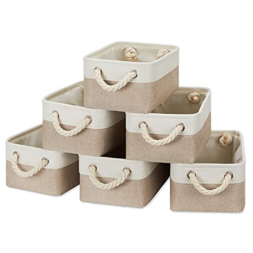 Temary Small Fabric Storage Baskets 6 Pcs Decorative Baskets Bins for Gifts Empty Foldable Storage Basket with Handles for Organizing Shelf, Towels (White&Khaki,11.8 L x 7.9 W x 5.3 H inches) - color: Beige&white, size: 11.8L x 7.9W x 5.3H inches (6pcs)
