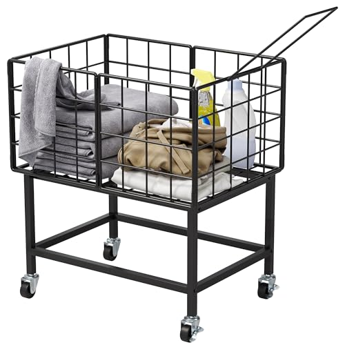 WOWLIVE Rolling Laundry Hamper with Wheels, 80L Heavy Duty Laundry Basket with Handle, Metal Wire Frame Laundry Cart, Dirty Clothes Hamper Organizer Dorm Room Storage for Bedroom, Bathroom, Black - color: Black