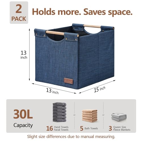 KAKAMAY Collapsible Cube Storage Bins 15x13x13 Inches Dark Blue 2-Pack, Foldable Storage Organizer Wooden Handles Fabric Baskets for Living Room Shelves, Bedroom Nursery Closet Toys, Clothes, Laundry - color: Dark blue