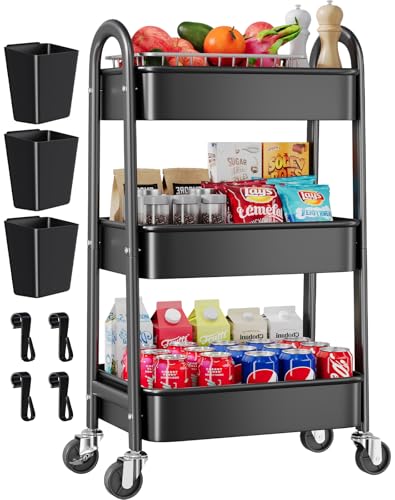3 Tier Black Rolling Cart Metal with Wheels, Basket, Cups & Hooks, Three Tier Utility Carts on Wheels, Can Organizer for Pantry Floor, Kitchen Storage Rack, Snack Shelf Carts, Vianderos para Cocina - color: Black, size: 3 Tier+Cups+Hooks