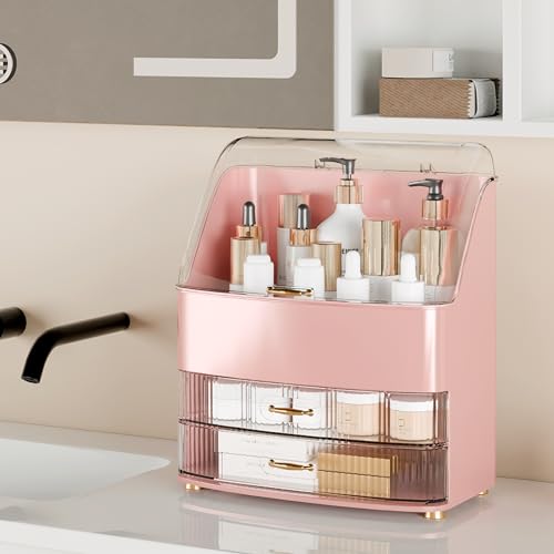 Makeup Organizer Countertop Vanity with Transparent Lid Drawers Waterproof Dustproof Cosmetic Skincare Bathroom Storage Gift for Women Teens Girls (Pink) - color: Pink