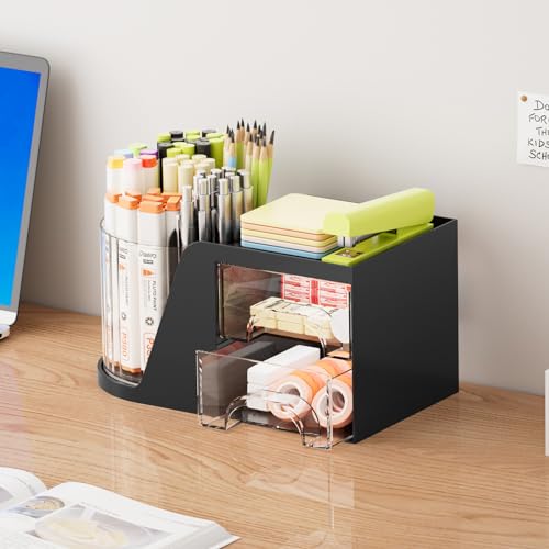 Marbrasse Desk Organizer with 2 Drawer, 360°Rotating Pen Holder, Desk Organizers and Accessories with 6 Slots Pencil Holder + 2 Drawer, Art Supply Storage Box Caddy for Office (Black) - color: Black