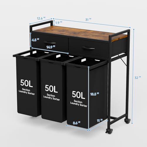 Laundry Sorter with 3 Section Pull Out Bags Rolling Laundry Basket Organizer with 2 Drawers Laundry Hamper with Shelves and Wheels for Laundry Room, Bathroom, Bedroom Organization (1 Tier) - size: 1 Tier