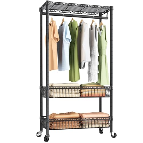 Heavy Duty Clothes Rack Rolling Garment Rack,3 Tier Adjustable Wire Shelving Clothing Racks for Hanging Clothes with Double Rods&Side Hooks,Freestanding Wardrobe Storage Rack Metal Portable Closet - color: Black5, size: 15.75"D x 23.5"W x 72.45"H
