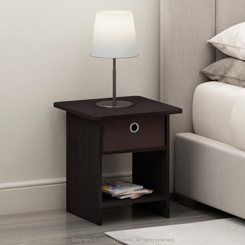 Furinno Dario End Table / Side Table / Night Stand / Bedside Table with Bin Drawer, 2-Pack, Dark Walnut - color: Dark Walnut, size: 2-Pack, Upper Bin