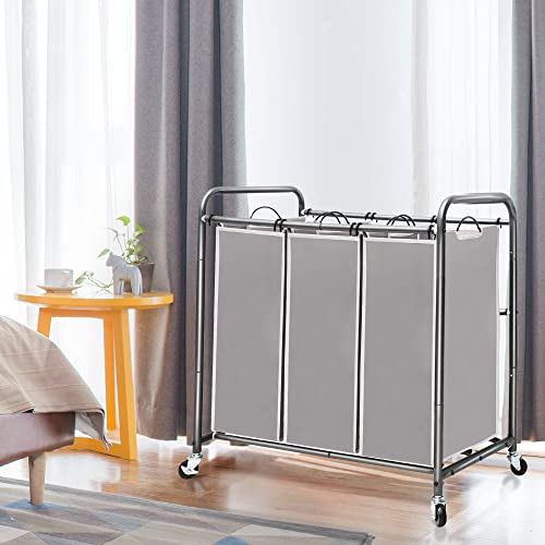 STO STO Laundry Sorter 3 Section, 3 Bag Clothes Hamper, Rolling Laundry Cart Basket with Heavy Duty Lockable Wheels and Removable Bag for Laundry Room, Bedroom, Closet, Gray - color: Gray, size: 3-Section