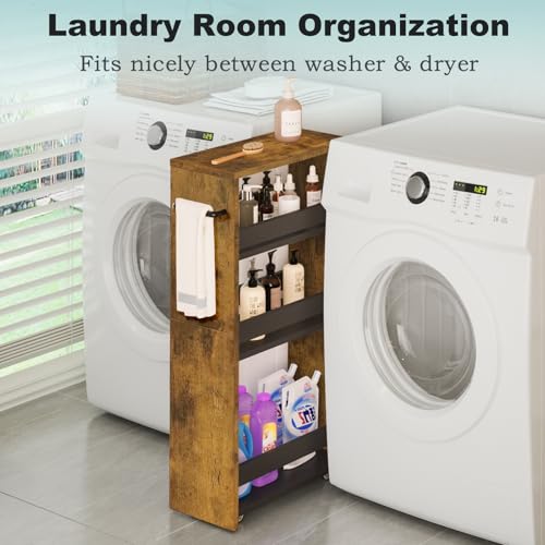 MARTY Rolling Storage Cart 7.9" W, 4-Tier Narrow Kitchen Cart with Wheels Handle, Slim Storage Mobile Shelving Utility Carts for Bathroom Laundry Room Organization Small Spaces(Rustic Brown) - color: Brown+black, size: 7.9"D x 15.75"W x 31.5"H