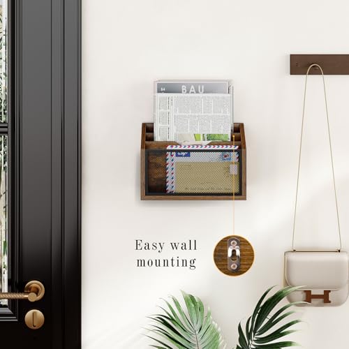 Mail Organizer, Mail Sorter Wall Mounted with 3 Slots, Mail Organizer Countertop Desk, Mail Holder for Home Office, Mail Sorter Office Accessories Organizer for File Letter Paper Folder - color: Rustic Brown
