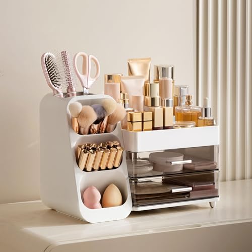 HBlife Makeup Organizer with Brush Holder for Vanity, Large Plastic Bathroom Countertop Organizer Skin Care Storage, Easy to Store Lipsticks, Nail Polishes, Perfumes, Eyeshadow Palettes, White - color: White, size: Large