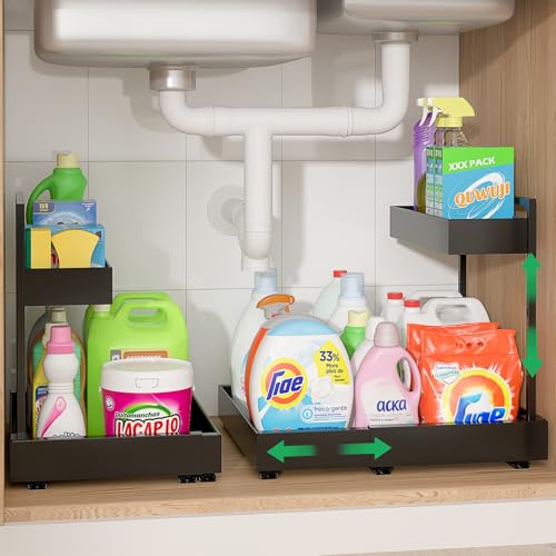 REALINN Expandable Under Sink Organizers and Storage, 2 Tier Under Cabinet Organizer, Heights Adjustable Pull Out Rack for Kitchen Bathroom Laundry, Black, 2 Pack - color: Black, size: 2 Pack