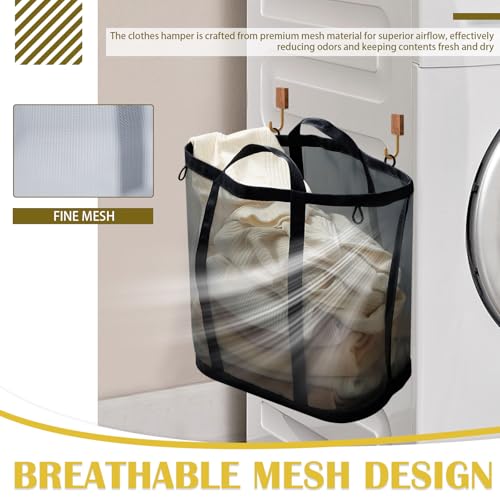 Mesh Laundry Basket, Hanging Laundry Hamper for Wall Door with Handles, Breathable Foldable Beach Bag Space-saving Travel Tote (2Pack, Black) - color: Black