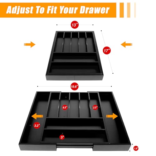 Bellsal Large Premium Bamboo Silverware Organizer - Expandable Utensil Drawer Organizer - 17"x19.6" Utensil Holder and Cutlery Tray with Grooved for Kitchen Flatware and Utensils(7-9 Slot, Black) - color: Black, size: 9 Slots Expandable