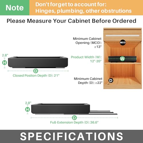 Pull out Cabinet Organizer, Expandable(12"-20") Heavy Duty Slide out Drawer Fixed with Adhesive Nano Film for Pots, Roll out Shelf Storage for Kitchen Base Cabinet Organization, Pantry, Bathroom - color: Black, size: 21"D×12"-20"W(1 Pack)