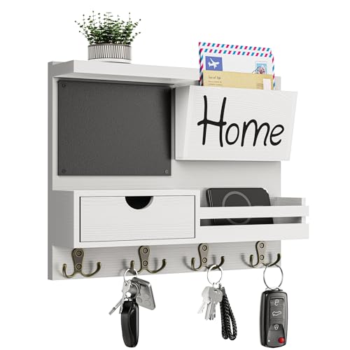 Farmhouse Key Holder for Wall with Mail Organizer - Easy Installation Wall Mount Organizer, Includes Chalkboard, Drawer, Wallet Holder & 4 Double Hooks, Ideal for Entryway, Quick Access - White - color: White
