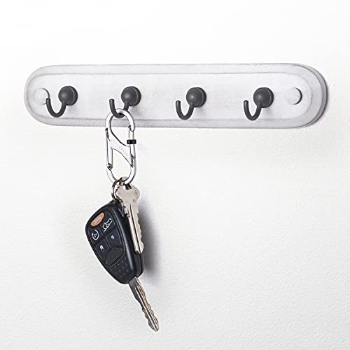 Spectrum Farmhouse Key Holder Wall Mount Rack for Entryway Garage Mudroom Hanging Organization, Easy Install Rustic Key Ring Holder Rack for Keychains Rings & Fobs, White Washed with Black Hooks
