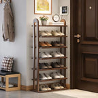 Vertical Shoe Rack - 7 Tier Tall Narrow Shoe Rack Organizer for Small Spaces, Skinny Shoe Shelf Space Saving Shoe Storage, Solid Wood Shoe Shelf for Entryway, Closet, Corner, Doorway, Walnut