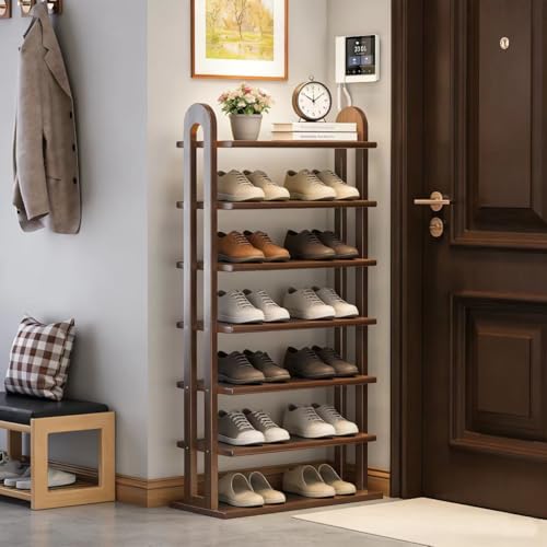 Vertical Shoe Rack - 7 Tier Tall Narrow Shoe Rack Organizer for Small Spaces, Skinny Shoe Shelf Space Saving Shoe Storage, Solid Wood Shoe Shelf for Entryway, Closet, Corner, Doorway, Walnut