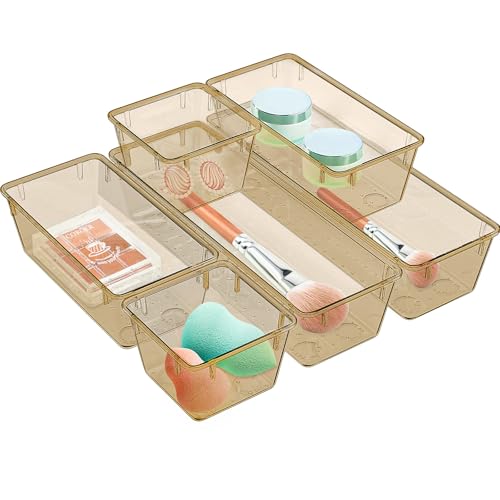 WOWBOX 6 Pack Clear Drawer Organizer Set, Acrylic Drawer Storage Trays, Storage Bins for Makeup, Cosmetics, Jewelries, Utensils, Gadgets, Office, Champagne - color: Champagne, size: 6 PCS