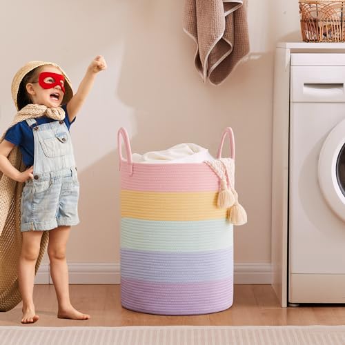 60L Laundry Hamper Basket for Baby Girls and Kids, Pastel Rainbow Unicorn Design, Woven Rope Nursery Basket for Blankets Toys in Playroom, 15Dx20H Inches Large Bedroom Hamper for Clothes - color: Pastel Rainbow, size: Large (60L)