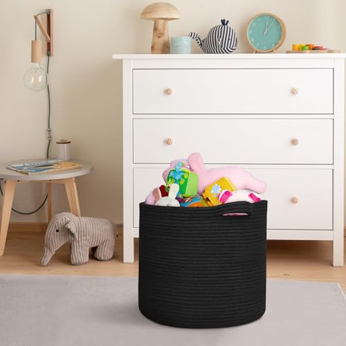 MEGASKET Large Black Storage Basket, 16" x 14" Cotton Rope Baskets for Storage, Blanket Storage Living Room, Big Woven Laundry Basket, Dog Kids Toy Box Organizer, Round Floor Shoe Towel Bin - color: Black