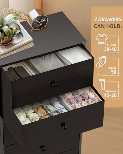 Mifuro Tall Fabric Dresser for Bedroom, Vertical Storage Organizer Tower with 7 Drawers, Chest of Drawers with Bins, Steel Frame, Wood Top for Bedroom, Closet, Entryway Black - color: Black, size: 7 Large Drawers