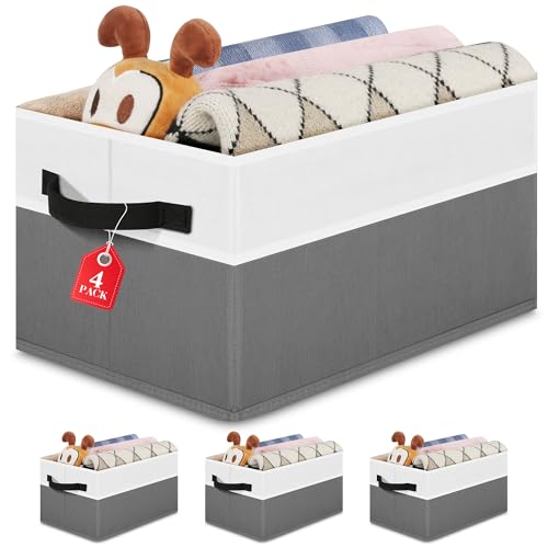 Large Shelf Storage Bins [4 Pack],Decorative Collapsible Storage Basket,Fabric Closet Organizer and Home Storage Cubes with Handles for Organizing Books, Clothes, Toys, Nursery（Grey） - color: Grey 4 Pack