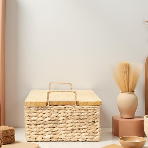 Handmade Water Hyacinth Woven Storage Basket with Lid, Multi - Functional Wicker Organizing Baskets (Small) - size: Small (Single)