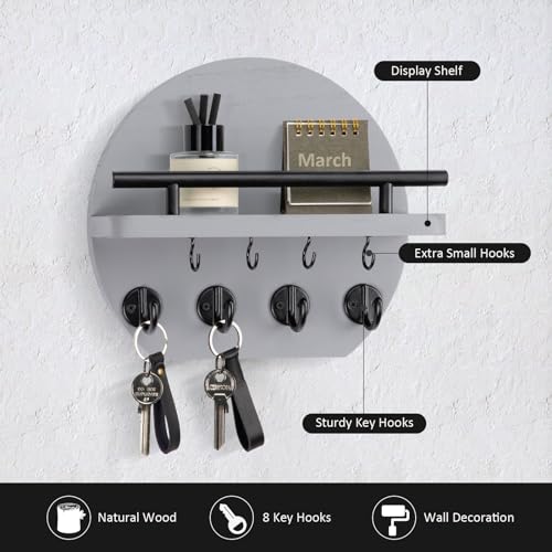 Nekon Key Holder for Wall - 9.8 Inch Apartment Wall Decor with Shelf and 8 Key Hooks, Circular Wood Key Hanger for Home Decor (Gray) - color: Gray