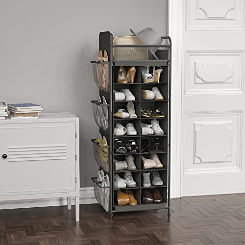Simple Houseware 16 Cube Shoe Stand Tower Rack 8 Tier with Top Shelf and Side Hanging Pockets, Dark Gray - color: Dark Gray