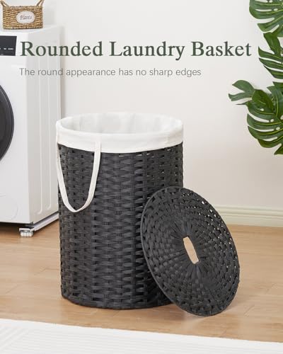 SETVSON Laundry Basket with Lid Round Rattan Laundry Hamper with Lid and Handles 29.1 Gal (110 L) Handwoven Woven Basket with Removable Bags and 2 Mesh Bags for Bathroom Living Room Black - color: Black, size: 110L