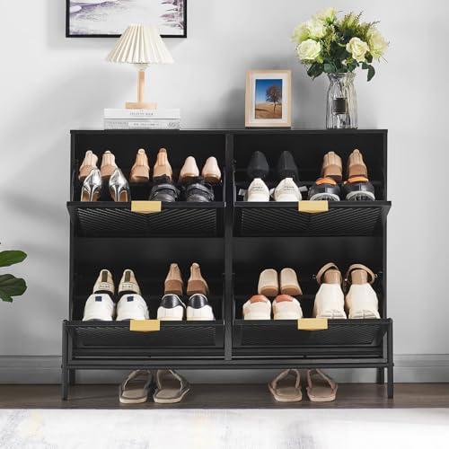 Shoe Cabinet Storage with 4 Flip Drawers, Narrow Hidden Shoes Organizer Cabinet for Entryway, Freestanding Slim Shoe Rack Front Door Entrance(Black) - color: Black, size: Large