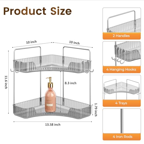 Corner Counter Organizer, 2-Tier Bathroom & Kitchen Storage Tray with Hooks | Clear Vanity Organizer for Skincare, Makeup & Jewelry - color: Grey, size: 2 Tier