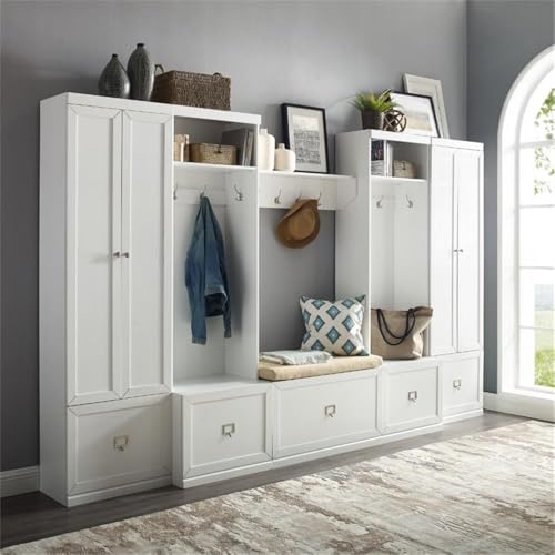BOWERY HILL 6-Piece Modern MDF/Birch Veneer Entryway Set, White/Tan Finish, Includes Bench with Cushion, Shelf, 2 Pantry Closets, 2 Hall Trees, Modular Storage Solution for Foyer or Mudroom