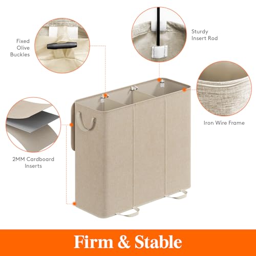 Lifewit Triple Laundry Hamper with Lid and Removable Laundry Bags, Large Collapsible 3 Dividers Dirty Clothes Basket with Handles for Bedroom Laundry Room Closet Bathroom College, 185L Beige - color: Beige, size: 185L