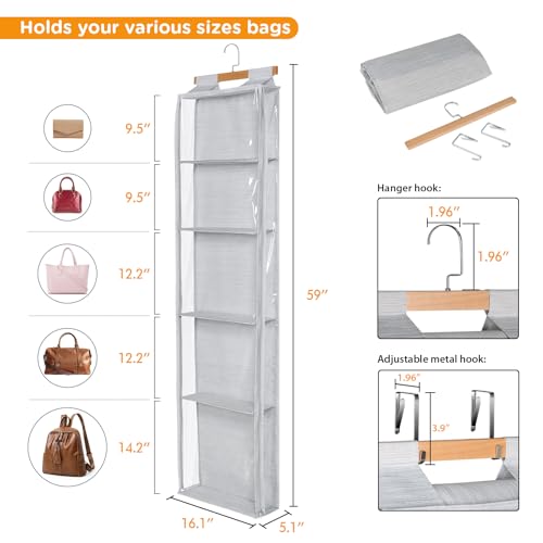 Syeeiex Hanging Handbag Purse Organizer with Zippers, 5 Mesh Shelves,Clear Slubbed Fabric+PVC Hanging Closet Bag Organizer, Dustproof Handbag Closet Tote Storage Bag for Door, Wardrobe, Shelf Rack - color: Grey-5 Shelves