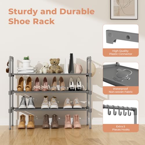 LANTEFUL 3 Tier Shoe Rack for Closet, Shoe Organizer with 5 Hooks, Long Shoe Shelf Storage for Shoe and Boot Stackable Free Standing Shoe Rack for Entryway, Garage, Small Spaces, Dorm, Grey - color: Grey, size: 27.8"W - 3 Tier