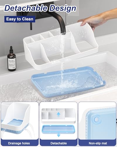 Bathroom Counter Organizer and Storage, 7 Slots Detachable Toothbrush Holders for Bathrooms, Anti-Slip Electric Toothbrush and Toothpaste Holder Countertop Vanity Organizer Accessories for Adults Kids - color: White Blue