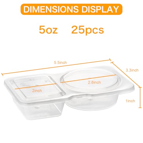 25 Pack Double Compartment Condiment Container with Lid, 5oz Disposable Small Snack Container 2 Compartment for Meal Prep, Salad Dressing, Dipping Sauce, Travel Snacks