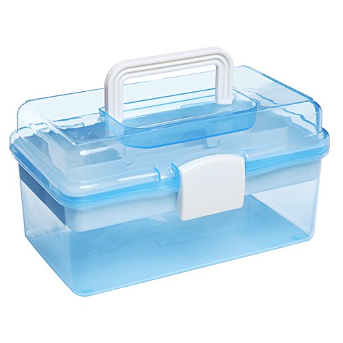 MyGift 10 Inch Plastic Storage Box with Removable Tray, Blue Craft Organizer and Art Storage Box, Multipurpose Storage Container for Tools, Playdoh, Bead, Sewing, Medicine, Tackle, Art Supply