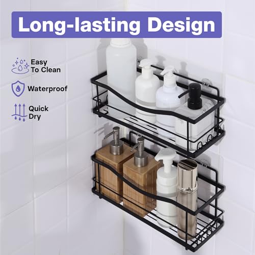 KINCMAX Iron Shower Caddies - Self Adhesive Bathroom Shelves for Showers - Wall Organizer Shampoo Holder Shelf - Peel and Stick On Caddy Bath Tub Rack - Pack of 2 Holders - Black - style: 2-Pc Caddies - Wavy, Black