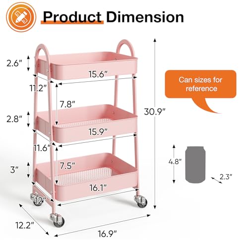 NEWBULIG 3-Tier Rolling Utility Cart with Locking Wheels, Slim Metal Mobile Storage Organizer Shelf for Small Spaces, Bathroom, Living Room, Pink - color: Pink, size: 3-Tiers