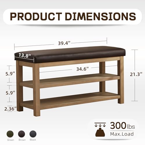 Zihanhome Shoe Rack Bench with Leather Cushion, 2 Tier Solid Wood Storage Bench, Mid-Century Modern Shoe Bench for Entryway, Hallway, Closet, Front Door Entrance, Foyer (Dark Brown, 39.4") - color: Dark Brown, size: 39.4"