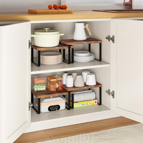HOOBRO Cabinet Organizer Shelf, Set of 2, Kitchen Countertop Organizer, Kitchen Countertop Shelf, Spice Rack for Counter, Stackable, Expandable for Cabinet, Kitchen, Rustic Brown and Black BF33TL01 - color: Rustic Brown + Black