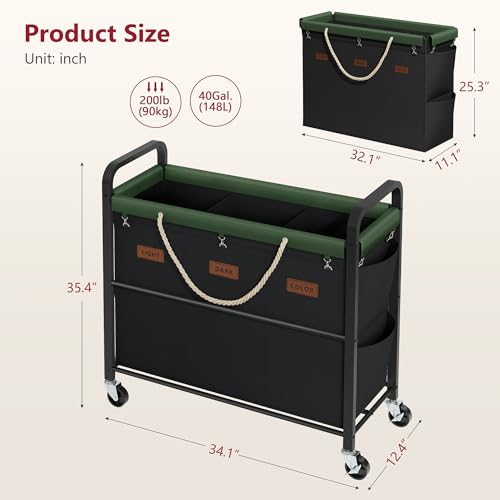 Tajsoon 148L Large Laundry Sorter 3 Section, Laundry Hamper with Heavy Duty Lockable Wheels, Rolling Laundry Basket with Super Sturdy Metal Frame and Handle, Removable Bags & Leather Patchwork, Black - color: Black, size: 3 Bag 148L