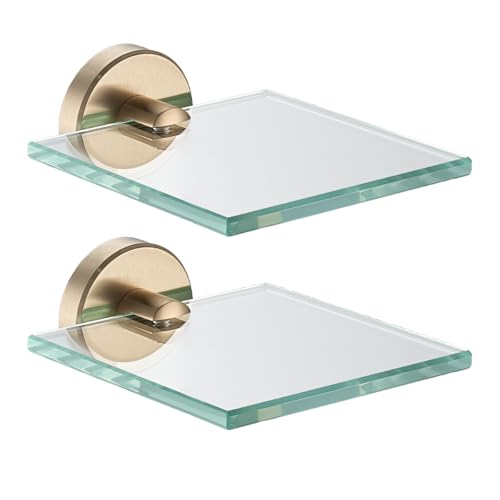 JQK Small Floating Glass Shelves Champagne Bronze, 4 Inch Display Ledges for Wall, Mini Decor, Living Room Bedroom Bathroom, Tempered Glass Shower Storage, 2 Pack, TGS101L4-CB-P2 - color: Champagne Bronze, size: 4 Inch (2 Pack)