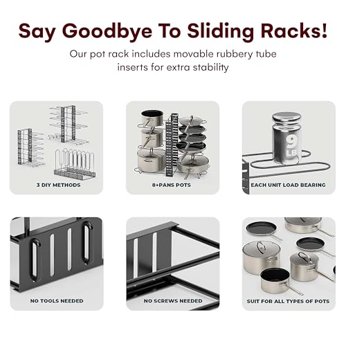 Vdomus Pot Rack Organizer with 3 DIY Methods, Black Metal Kitchen 8+ Pots Holder, Height and Position are Adjustable Cabinet Pantry Pot Lid Holder (Upgraded)